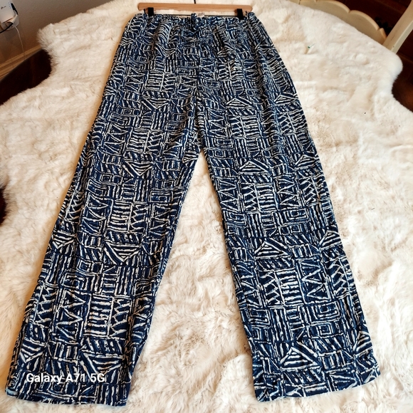 Clio 100% Silk Wide Leg Blue White Print Pull On Pant Sz M - Picture 15 of 16